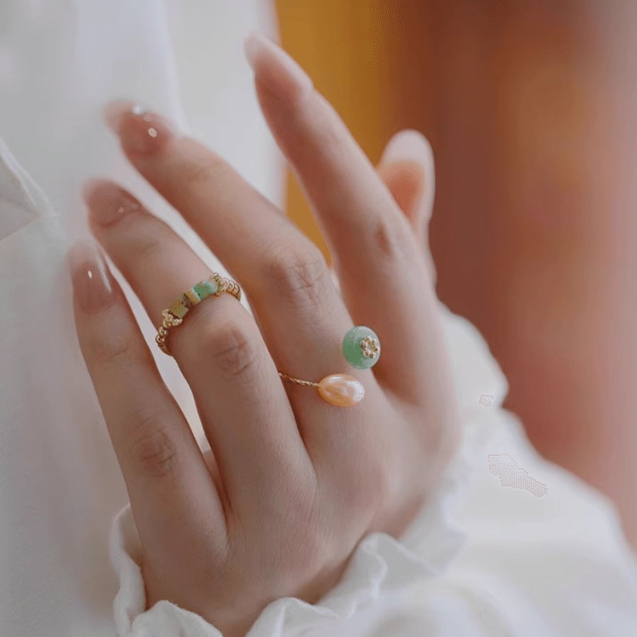 French Vintage Natural Stone Pearl Oil Drop Metal Ring 1 อัน