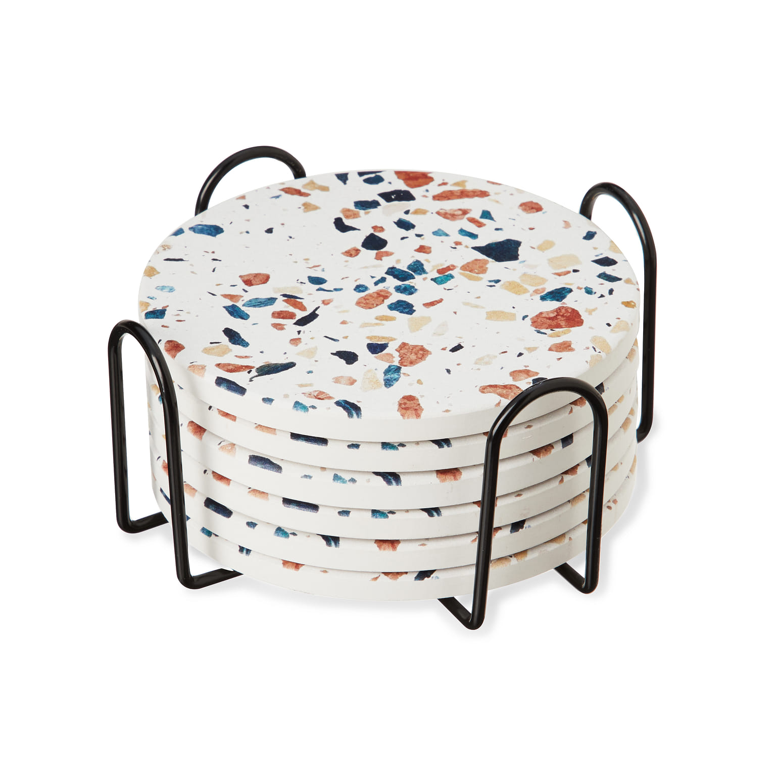 Twine Terrazzo Coasters, Stoneware Coaster Set, White Coasters with Stand, Coffee Table Decor, Set of 6, Multicolor 6 อัน
