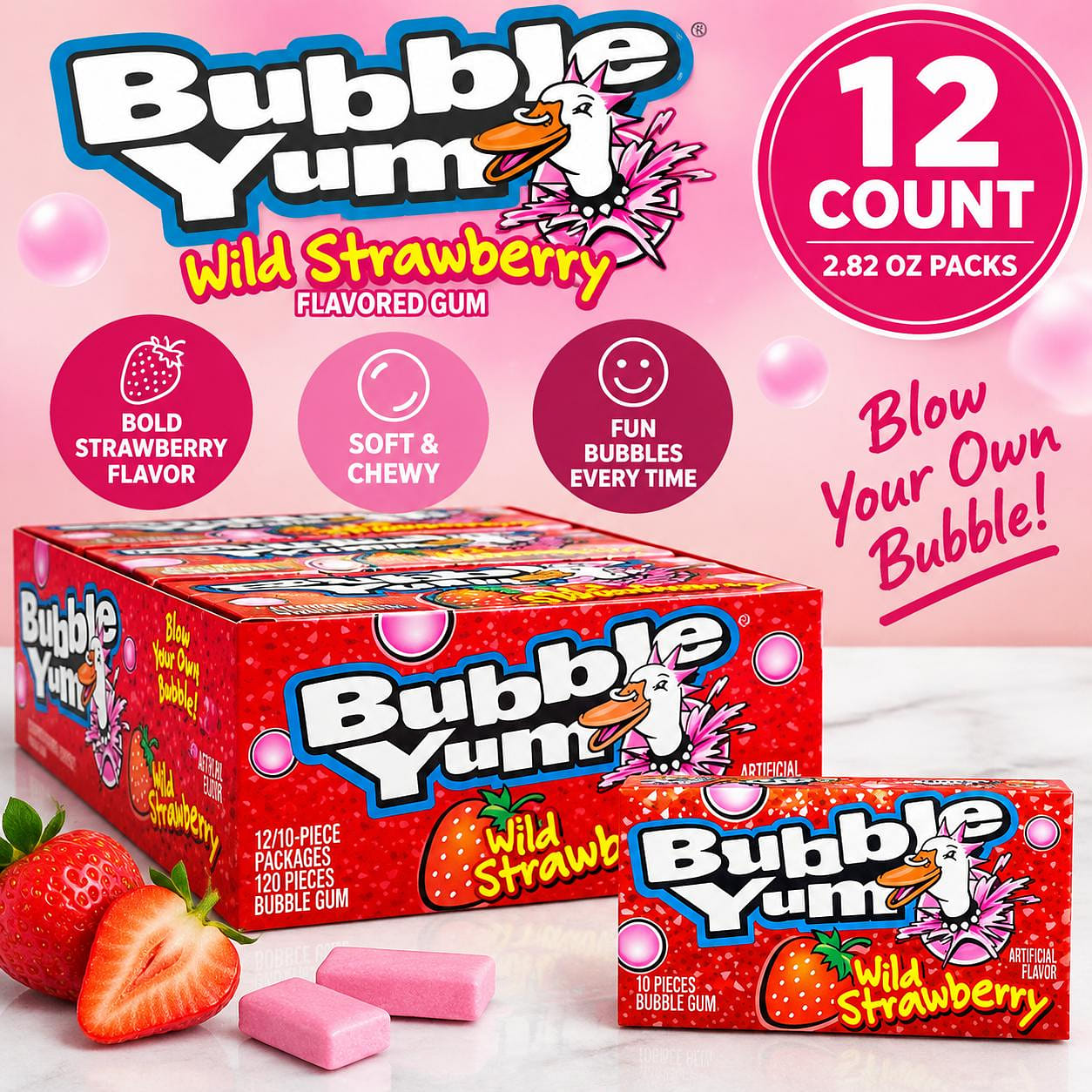 Bubble Yum Wild Strawberry Gum 2.82oz 12ct 1 each