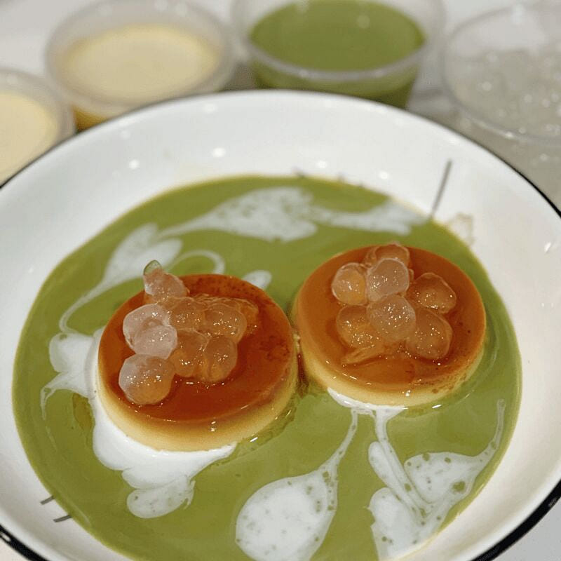Caramel pudding w. matcha sauce+boba(4pcs) 1 count