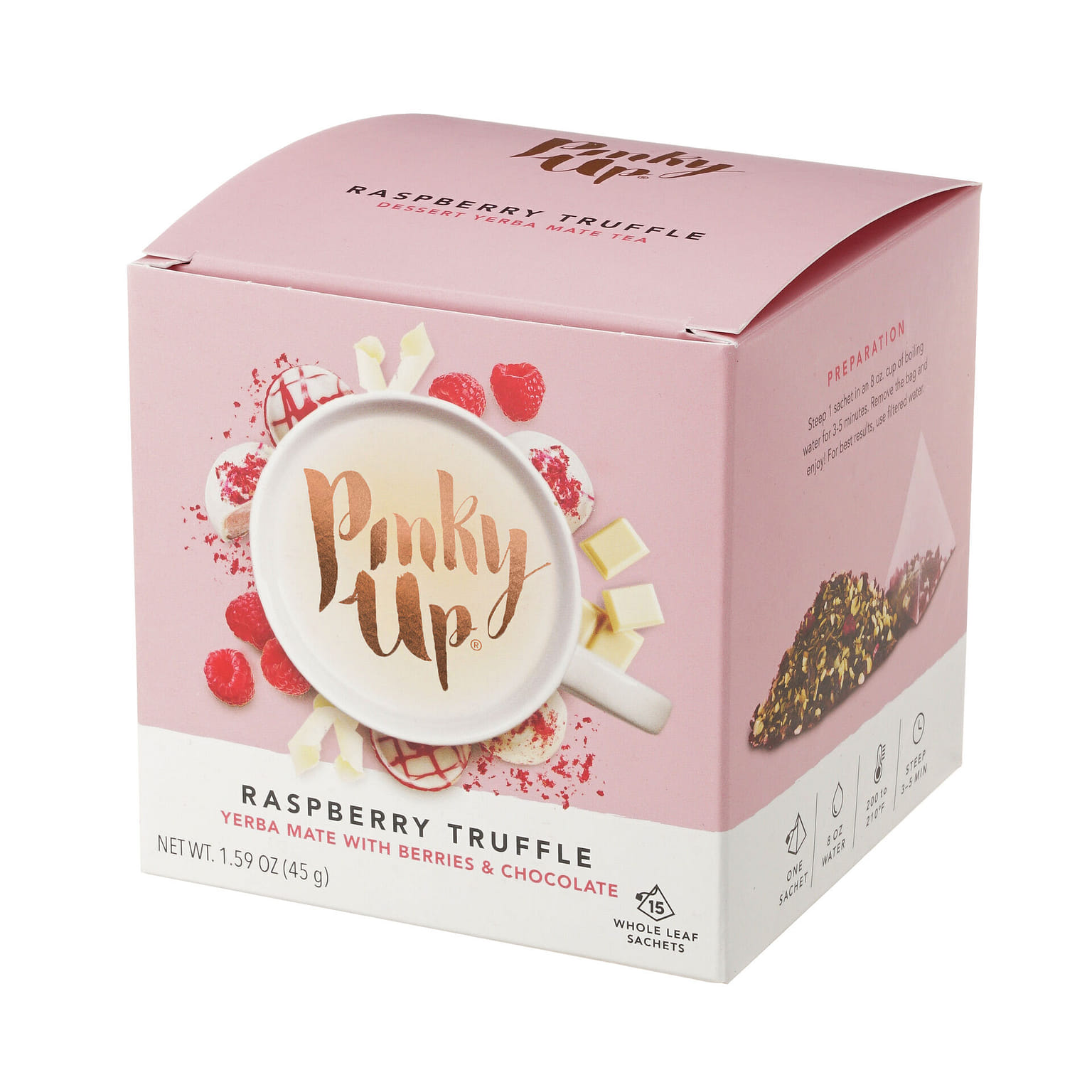 Pinky Up Red Raspberry Truffle Pyramid Tea Sachets - 10 mg Caffeine Per Serving, NON-GMO & Gluten Free, Certified Kosher - 15 Biodegradable Whole Tea bags 3 g