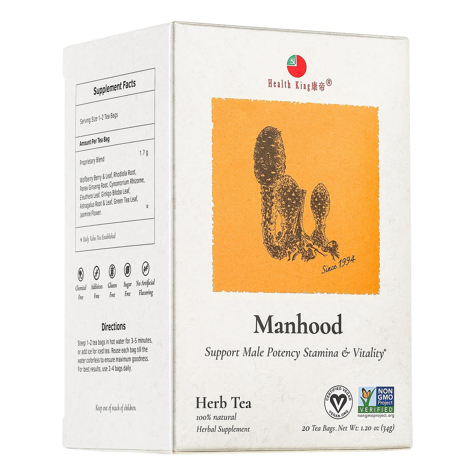 Health King Manhood Herbs Tea-Support Male Potency Stamina & Vitality 1.2 온스