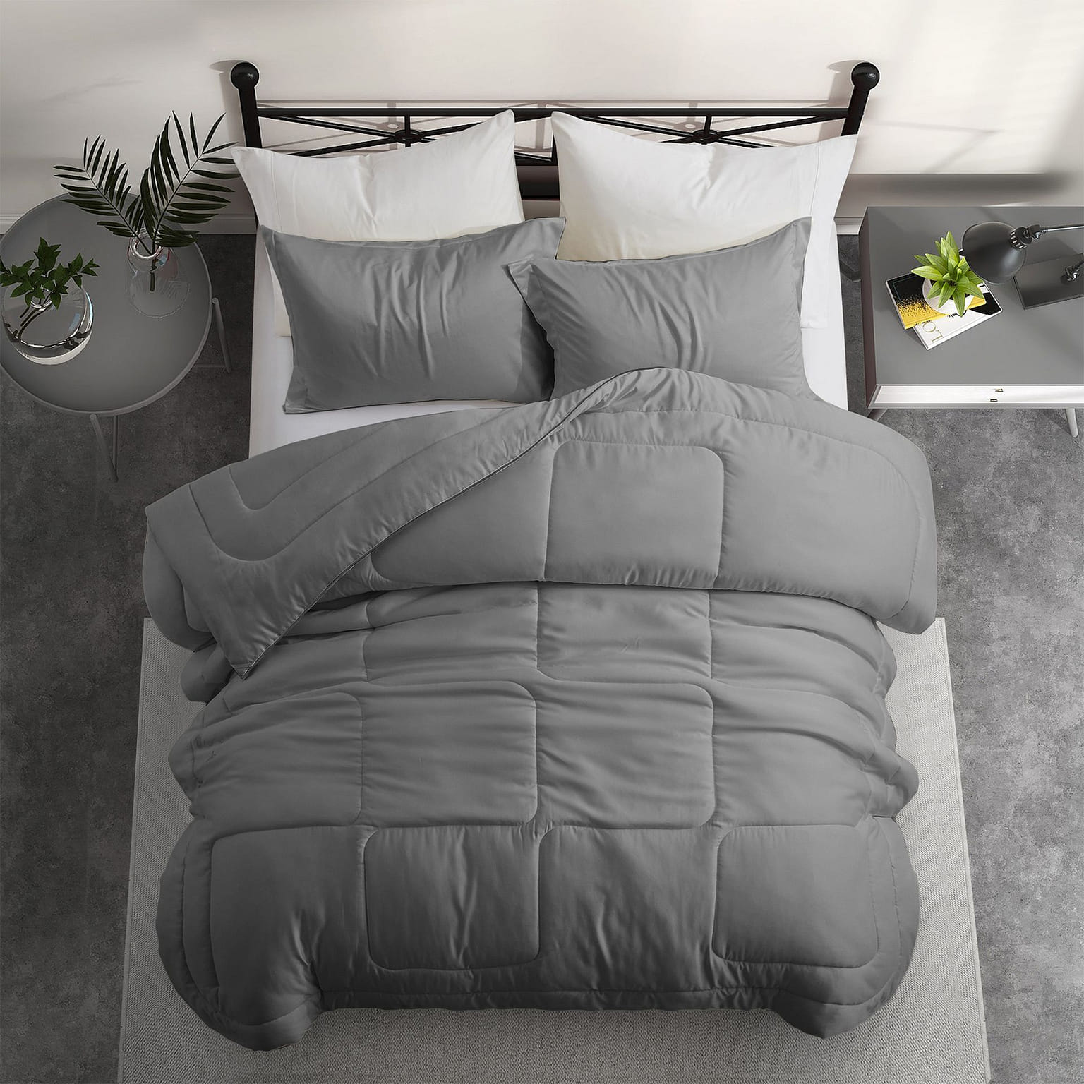 UNIKOME 3PCS Ultra Soft Satin Comforter Sets Bed Blanket Light Gray Full/Queen 1 개입