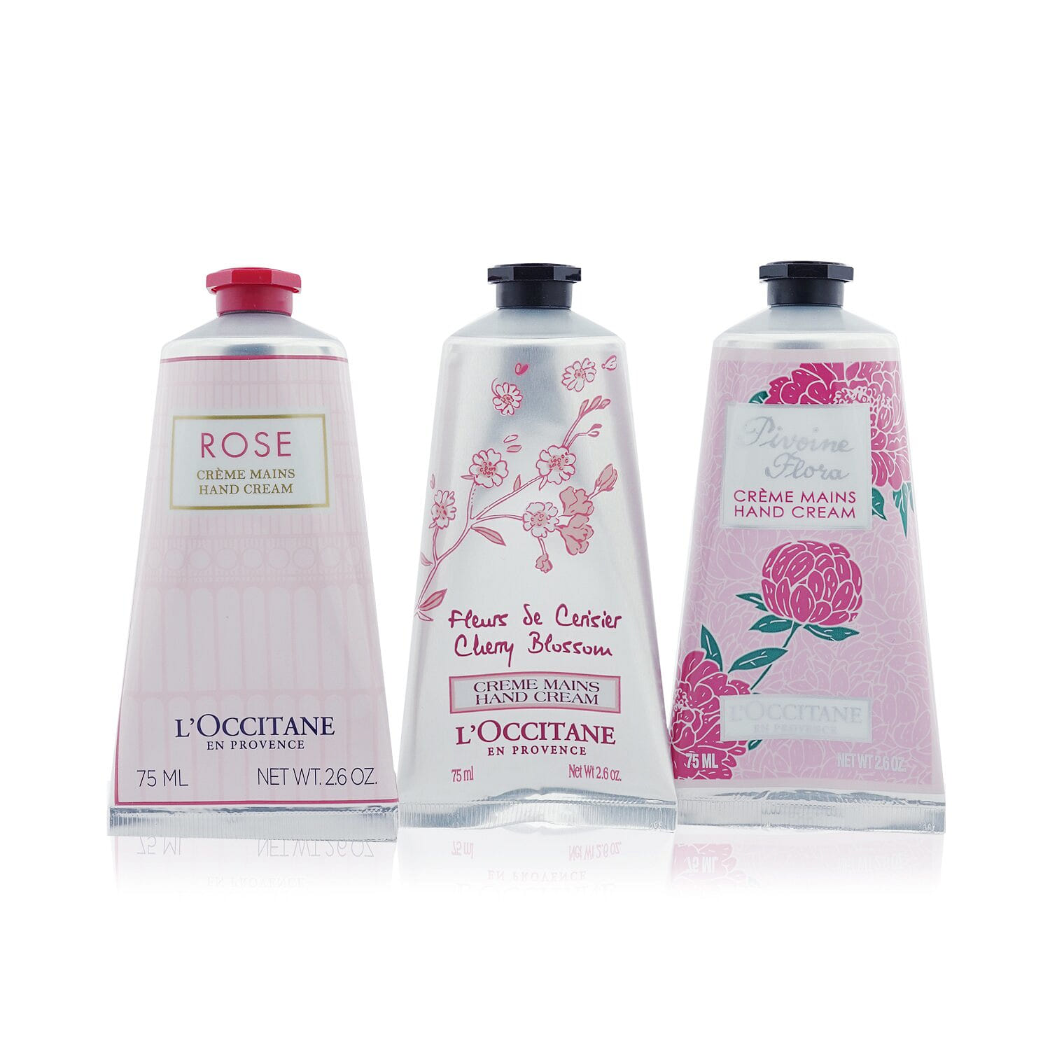 L'Occitane Pink Flowers Hand Cream Collection: Pivoine Flora + Rose + Cherry Blossom 3x75ml/2.6oz 3 ml(ミリリットル)