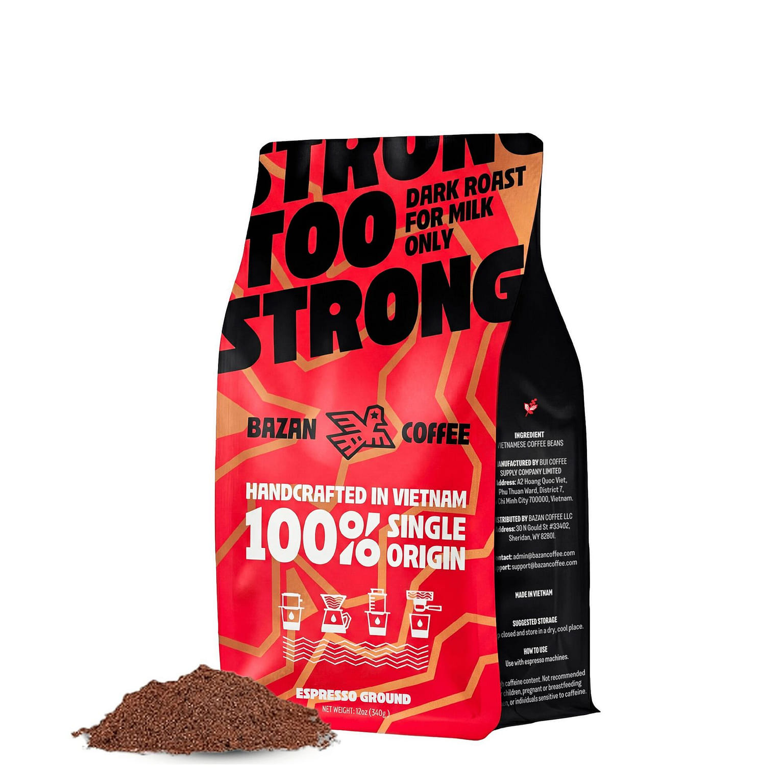 BAZAN COFFEE Too Strong Espresso Ground Dark Roast 12 oz