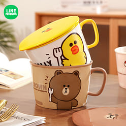 LINE FRIENDS Ceramic One Handle Noodle Bowl with Lid BROWN Model 1 each