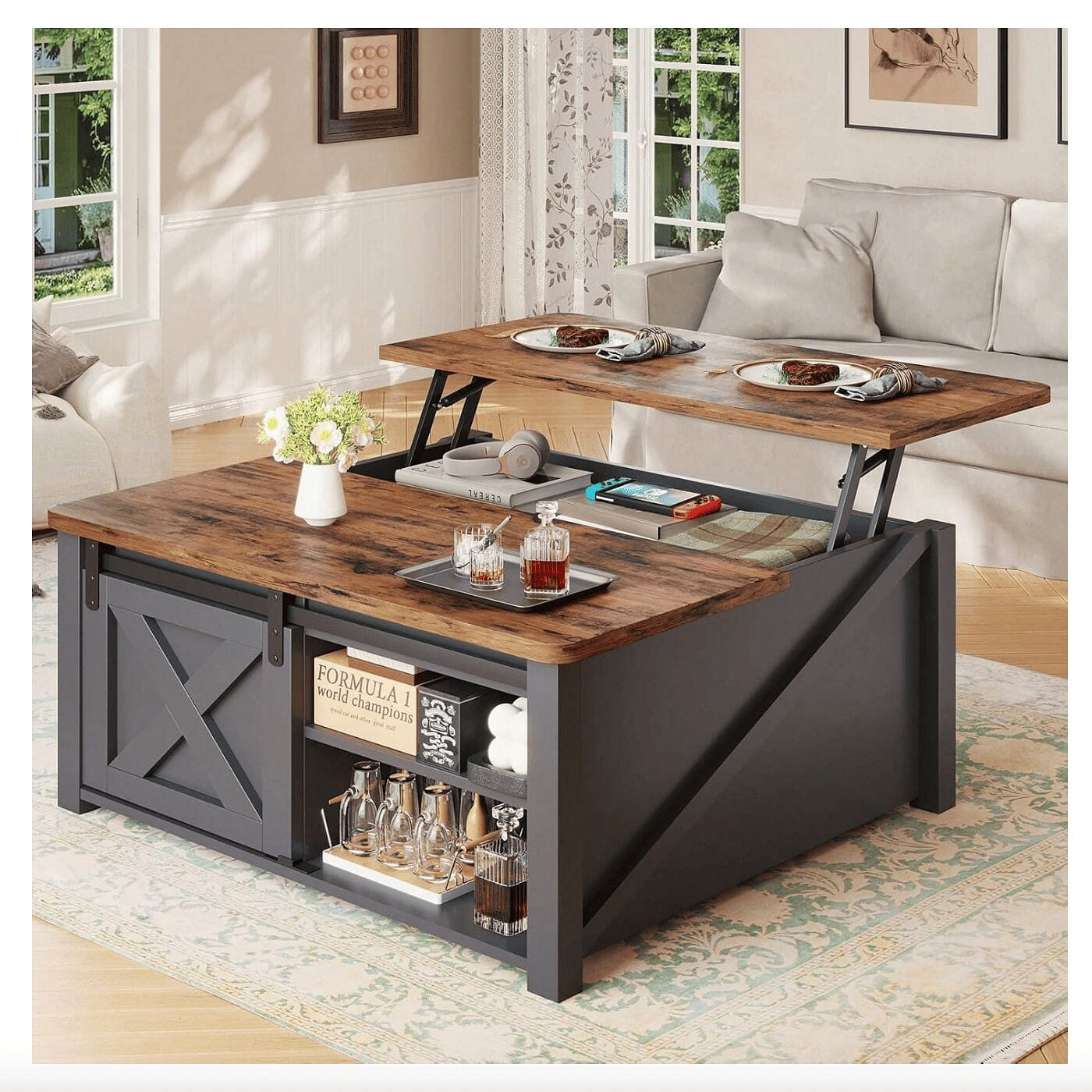 31.5 Inch Black Farmhouse Lift Top Coffee Table, S 1 box