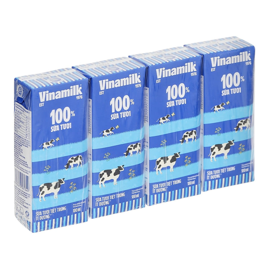 VINAMILK 100% LESS Sugar Fresh Milk 180ML X 4 - Weee!