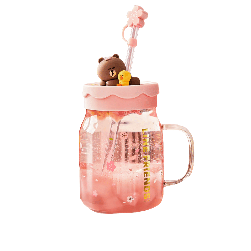 LINE FRIENDS Glass Mug Cup Cartoon Cherry Blossom Big Belly Mug 800ML 1 ส่วน