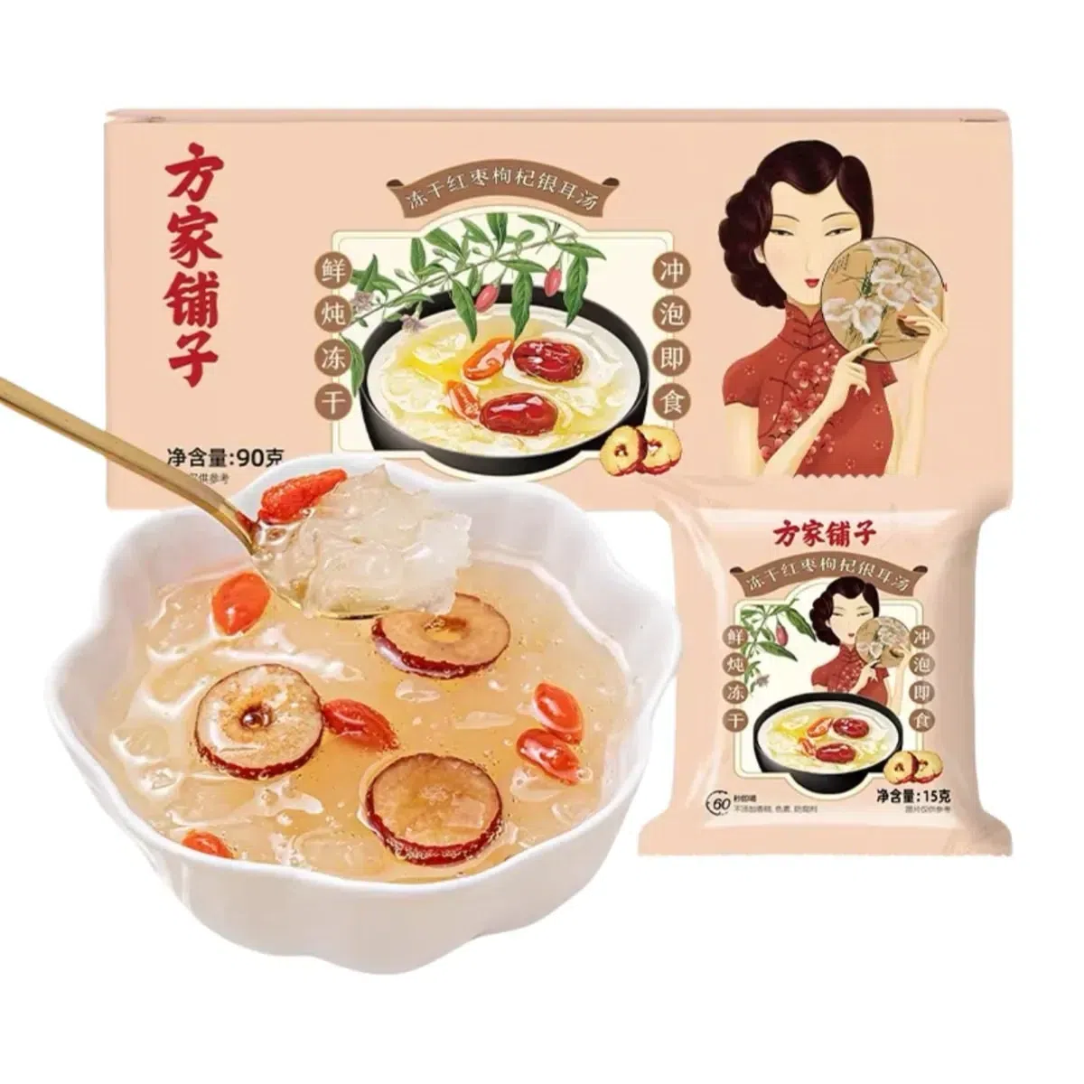 90g of red date, goji berry, and white fungus soup 90 g