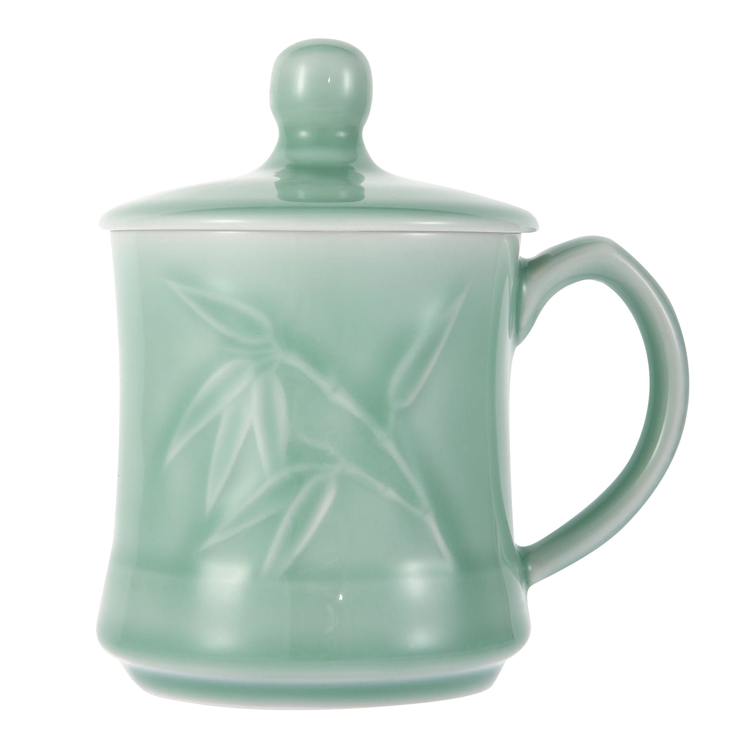 Celadon Teacup Coffee Mug Milk Cup Bamboo Leaf Pattern with Lid 13oz Plum Green 1 ส่วน