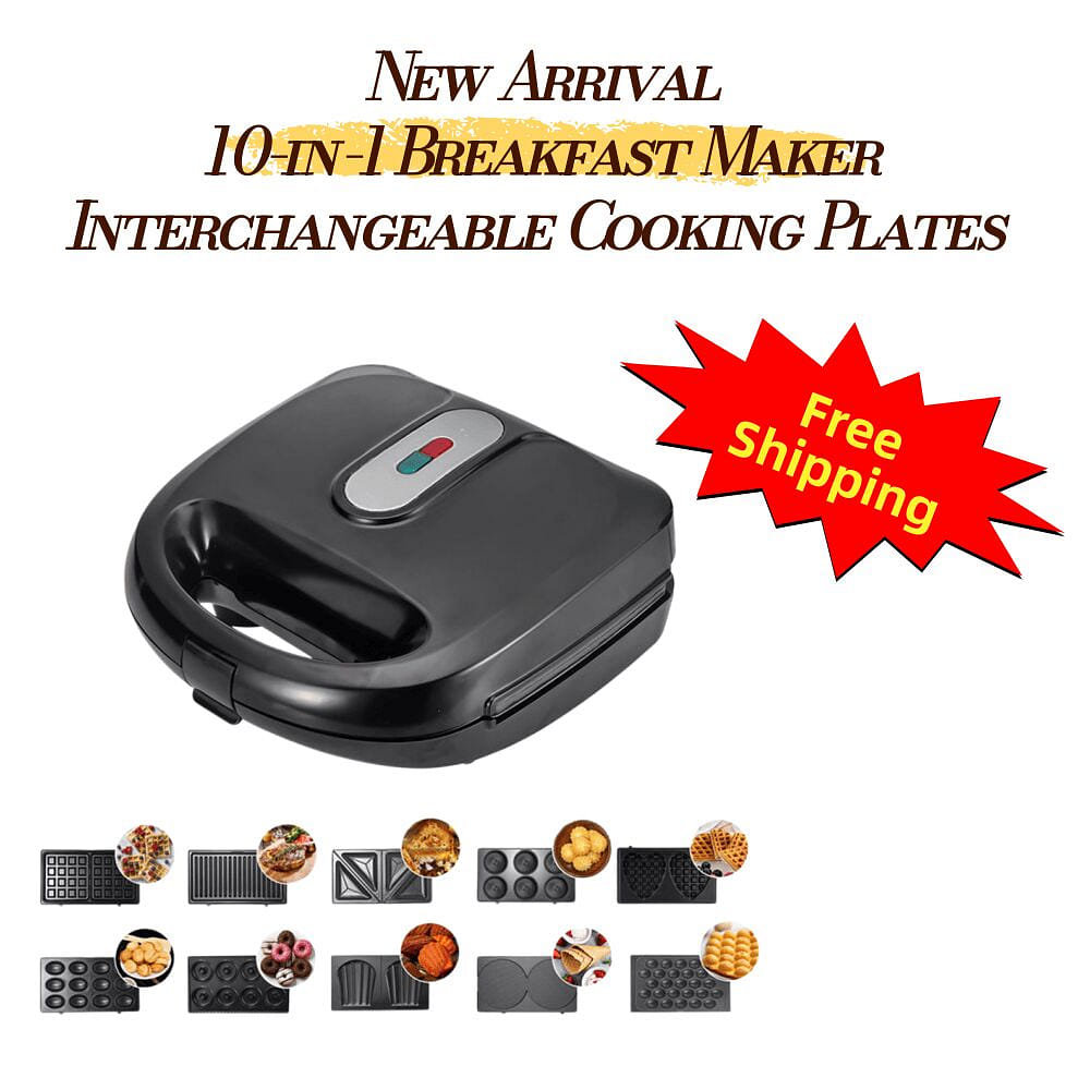10-in-1 미니 브런치 메이커 750W 교체형 플레이트 와플 샌드위치 파니니 도넛 마들렌 간식용 1 다발