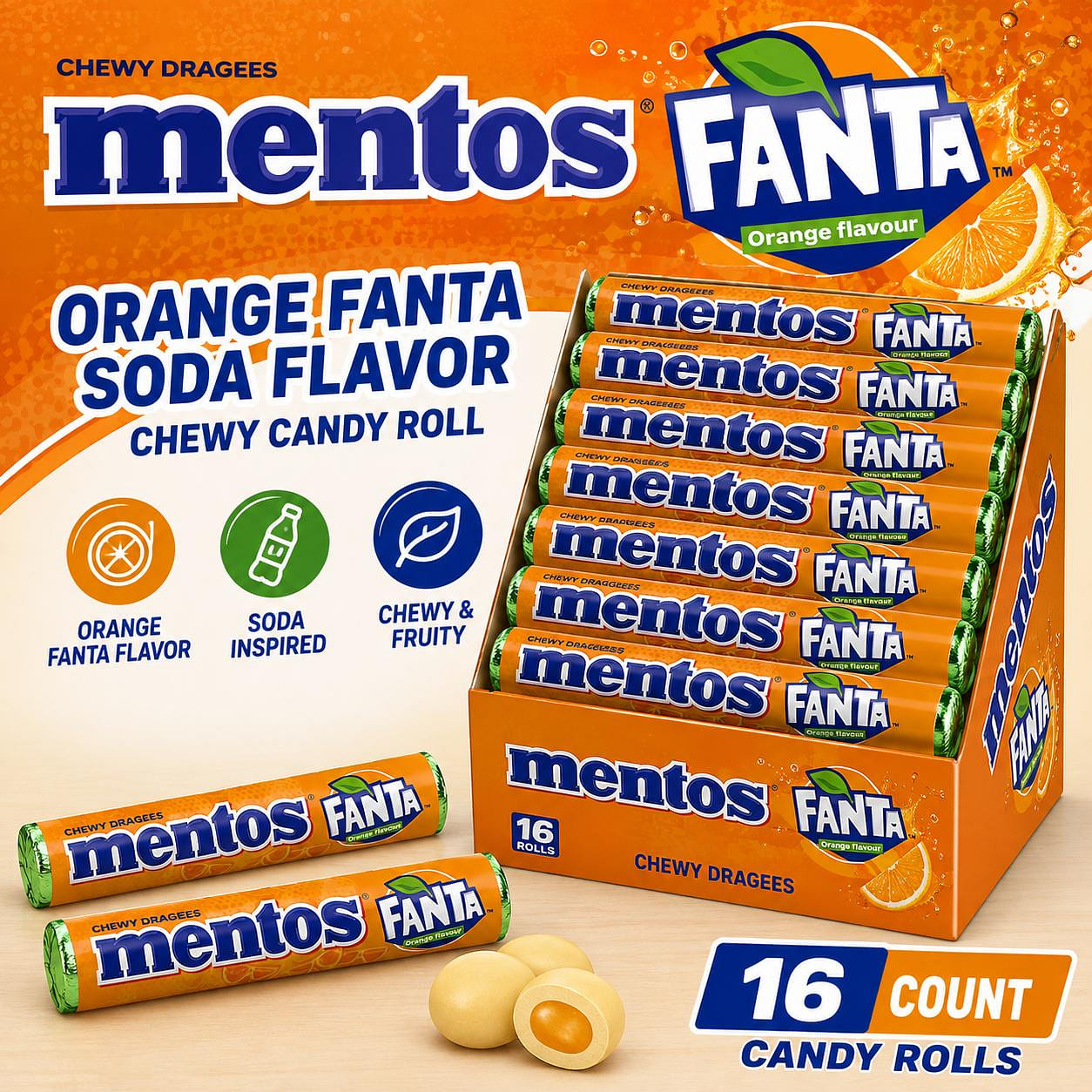 Mentos Fanta Orange Chewy Candy 16 Rolls 1 each