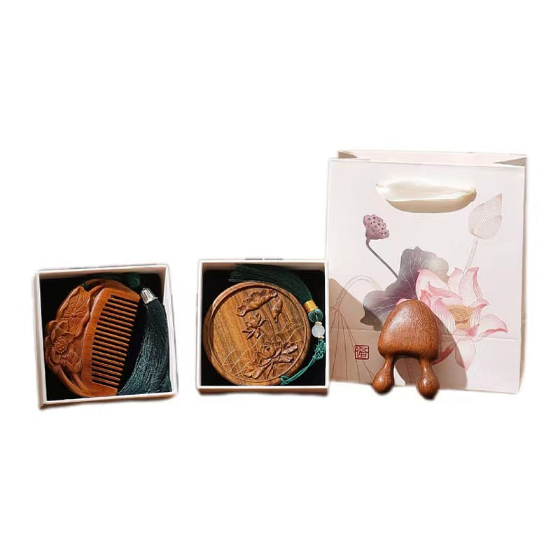 Chinese Style Sandalwood Comb + Sandalwood Mirror Gift box-Lotus 1 กล่อง