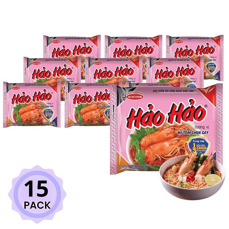 Acecook Hao Hao บะหมี่กึ่งสำเร็จรูปรสต้มยำกุ้งเปรี้ยวเผ็ด 15 ซอง 75 g