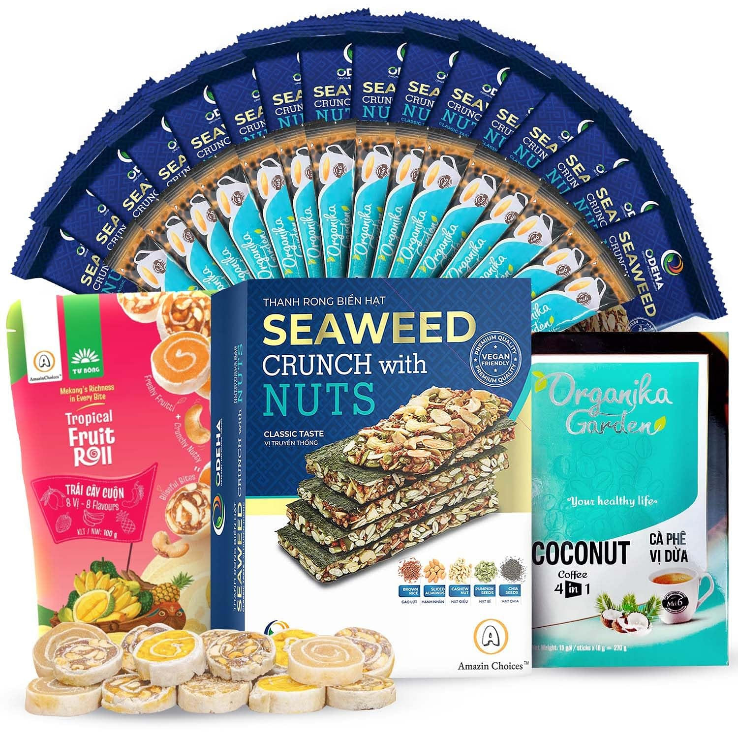 Seaweed with Nuts, Fruit Roll, Coconut Coffee 3 count