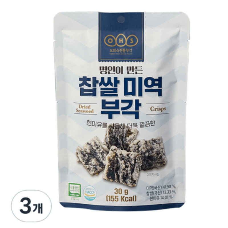 [한국 직배송] 오희숙 전통부각 찹쌀 미역 부각 30g, 3팩 90 그램
