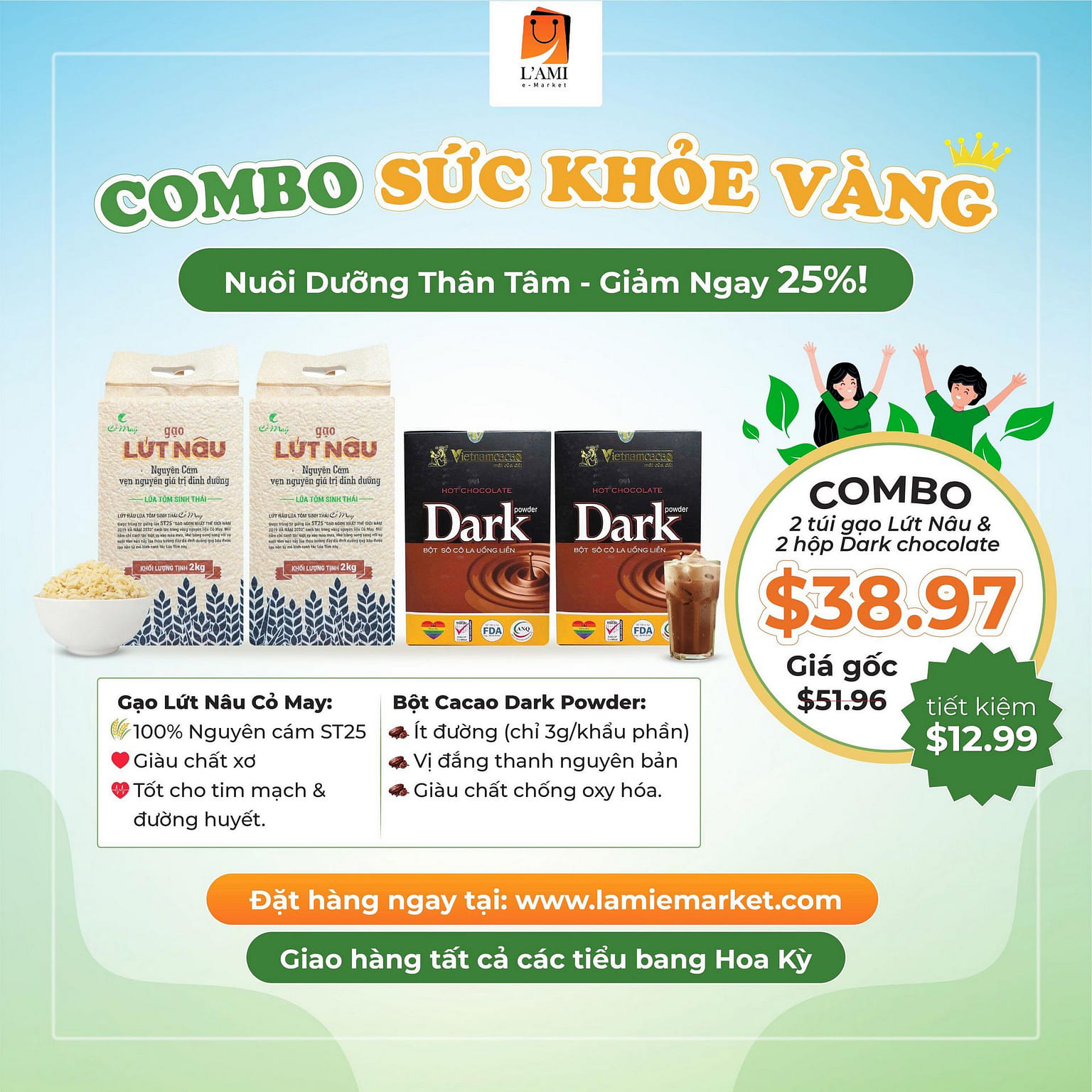 Golden Health:Brown Rice+Dark Hot Chocolate Powder 1 pack*2 each