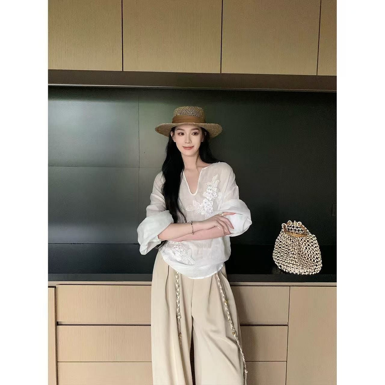 Summer Linen Striped Shirt & Wide Leg Pants Set 1 개입
