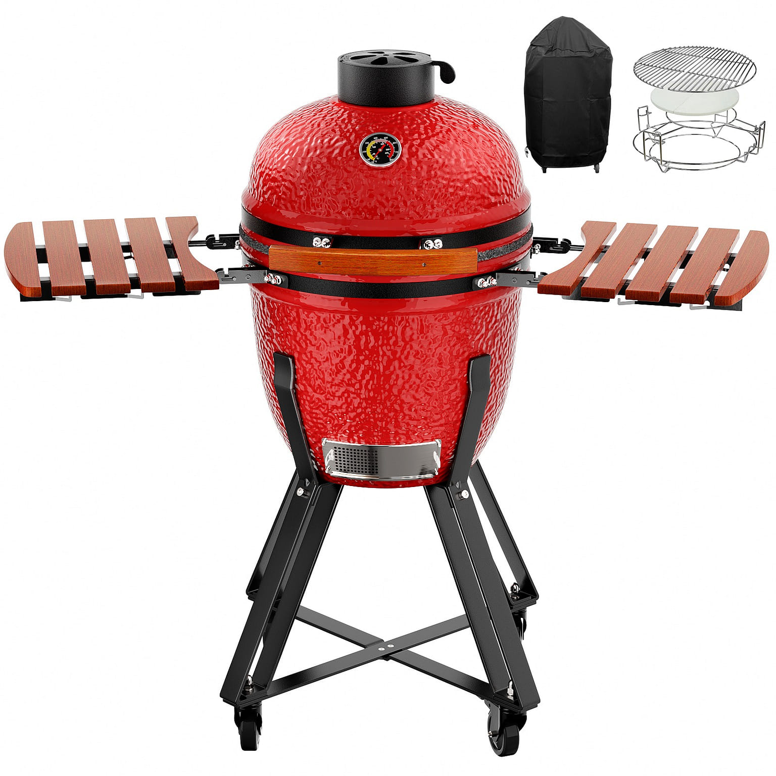 18in Red Portable Charcoal Grill with Side Shelves and Cover-2 PCS 1 อัน