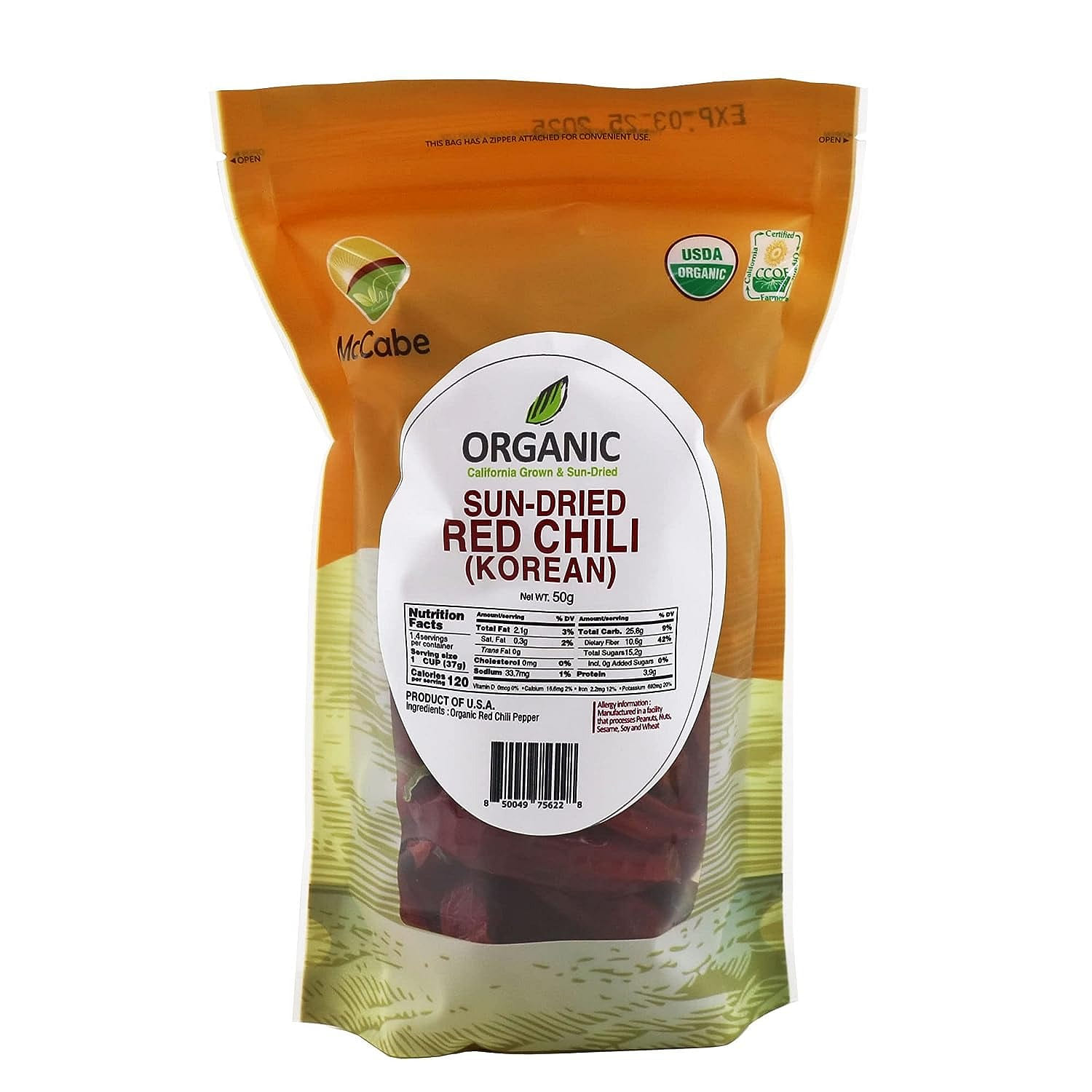 McCabe Organic Sun-Dried Red Chili Pepper 50g (Korean Variety), USDA Certified O 50 그램