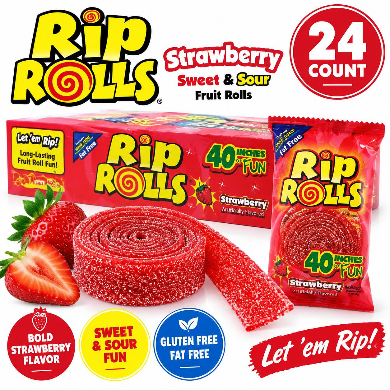 Rip Rolls Sweet Sour Strawberry Fruit Rolls 24ct 1 each