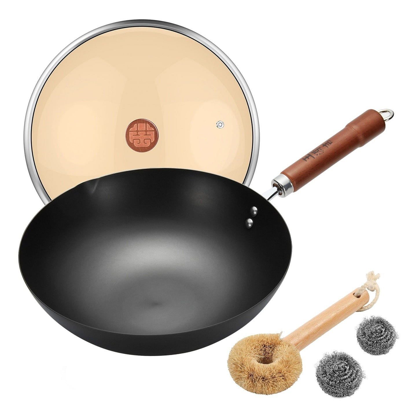 30CM WANGYUANJI Carbon Steel Wok Flat Bottom + Set 1 อัน