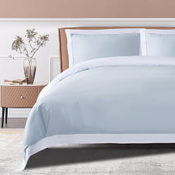 Long-staple Cotton Duvet Cover Set, 3-piece, Misty Blue + White, Queen Size