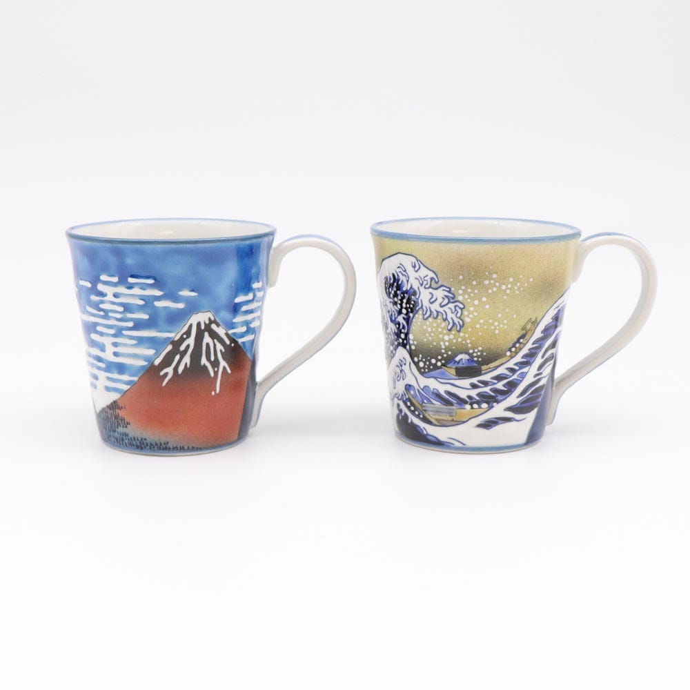 Kutani Ware Mug Cup 2set (Hokusai Wave and Red Mt Fuji 3.27" x 3.35") Made in JP 1 개