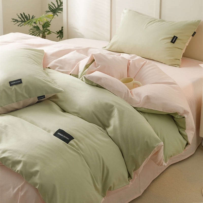 Bedding Set Flat Sheetx1 Duvet Coverx1 Pillow Casex2 Green+Pink 1 phần