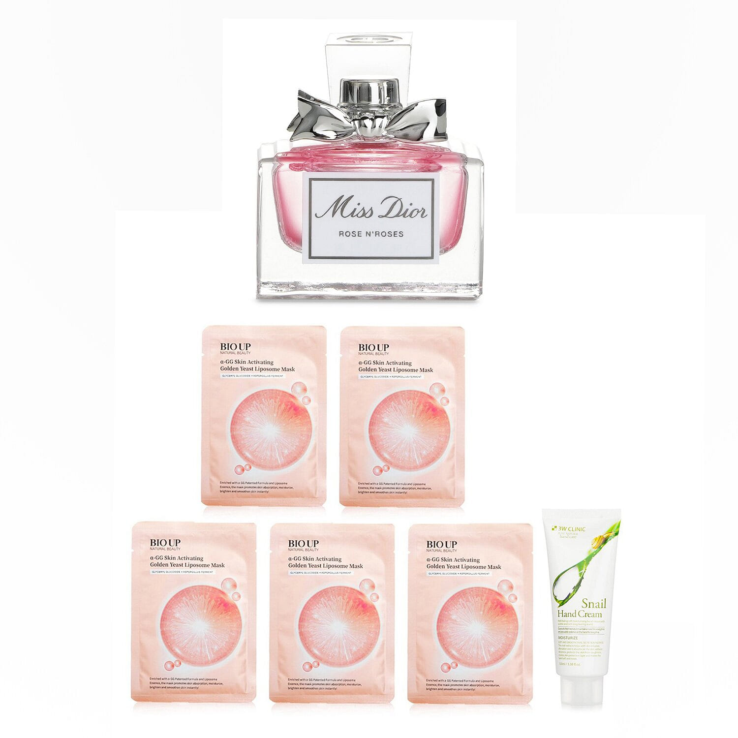 Christian Dior Blooming Beauty Set:Miss Dior Rose N'Roses EDT 5ml+3W Clinic Hand Cream-Snail 100ml+NBBIO UP a-GG Skin Activatiting Mask 5ps 7 ขวด
