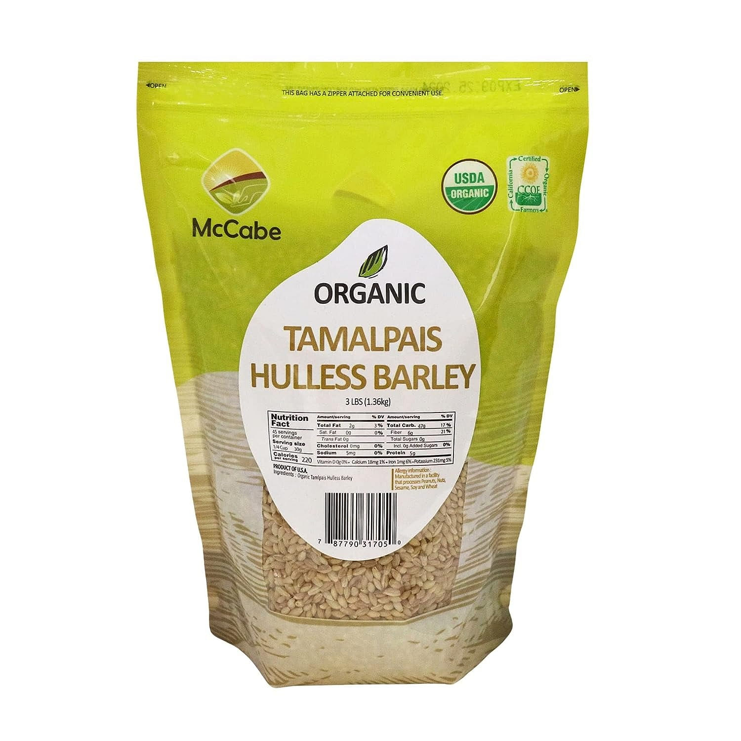 McCabe Organic Tamalpais Hulless Barley, 3 Pound, USDA Certified Organic 3 ปอนด์