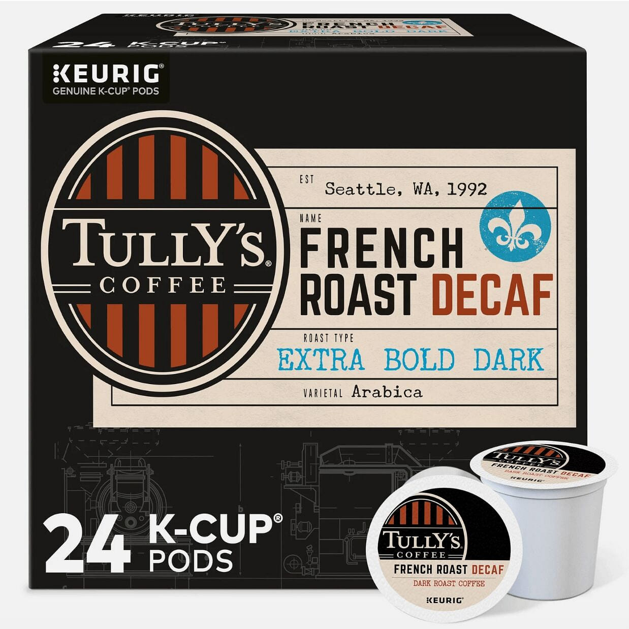 Tully's Coffee French Roast Decaf, Dark Roast, 24 1 pack