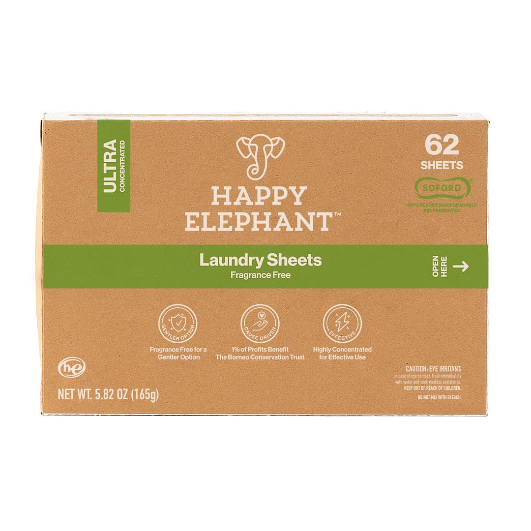 Happy Elephant Laundry Detergent Sheets - Fragrance Free 62 Count (Pack of 1) 62 ส่วน