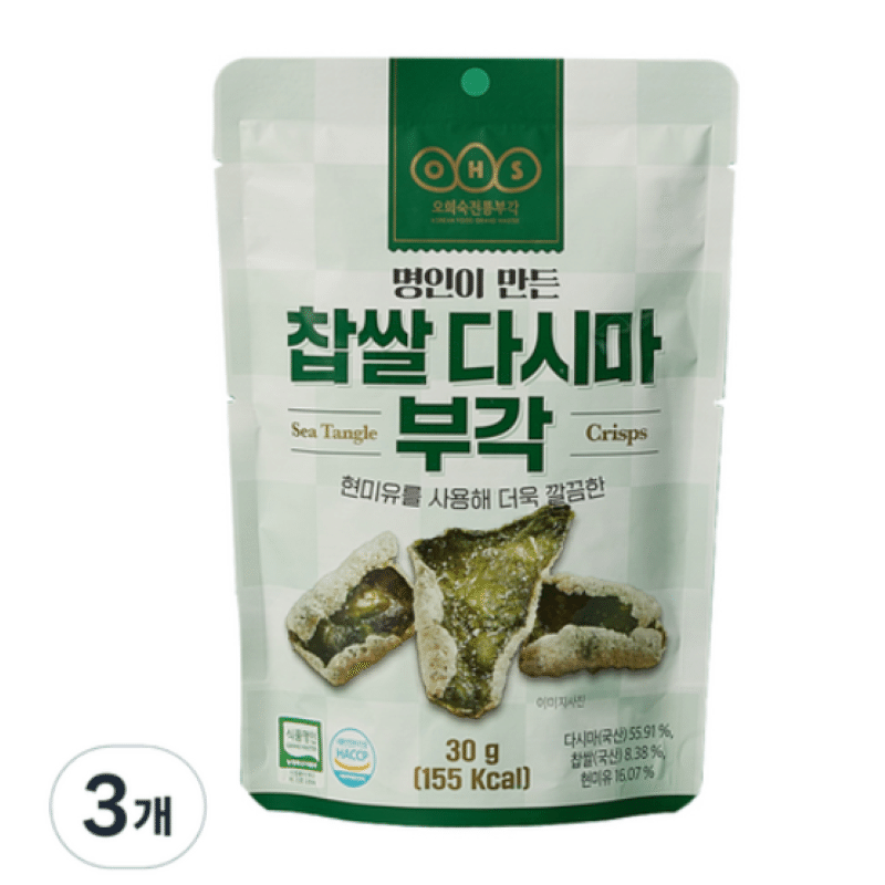 [한국 직배송] 오희숙 전통부각 찹쌀 다시마 부각 30g, 3팩 90 그램