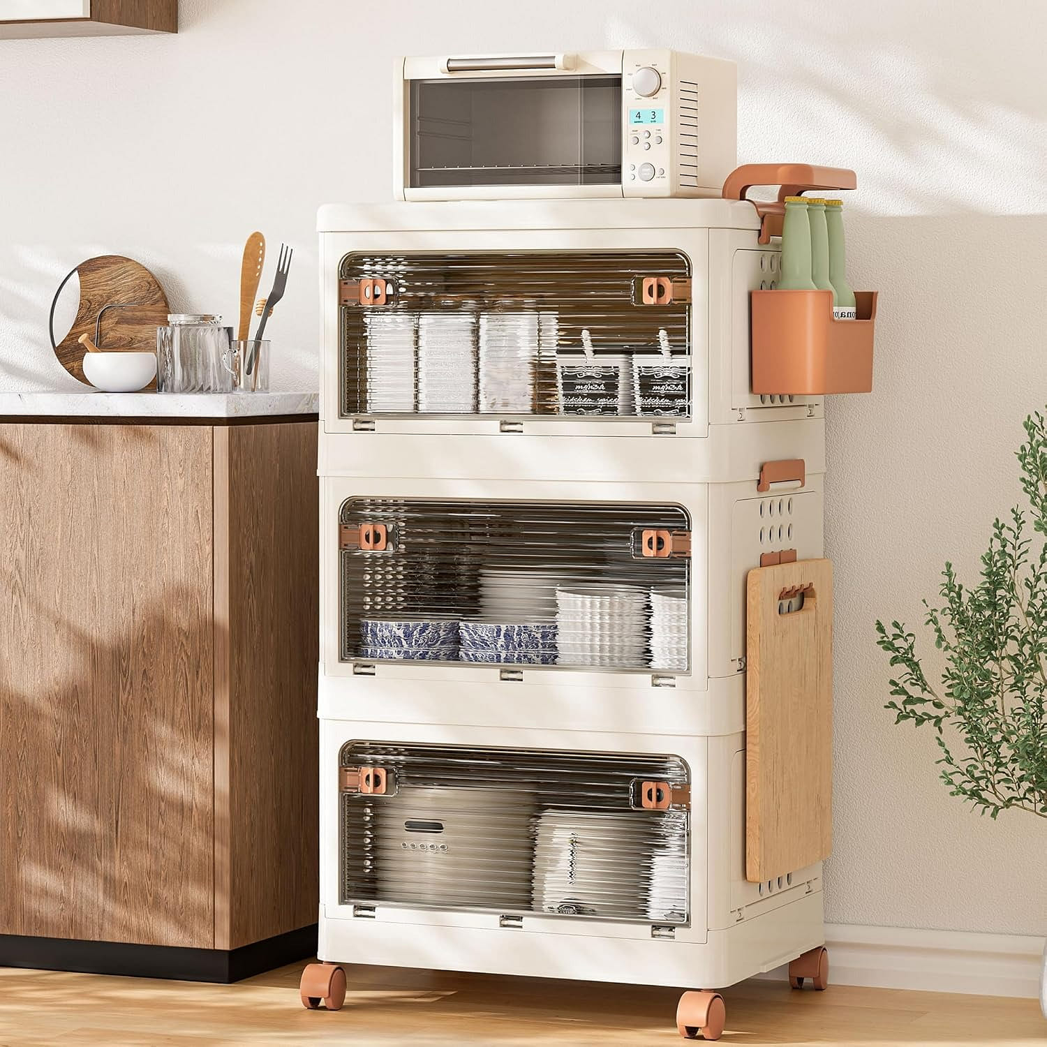 KERDOM Stackable 46QT Storage Bins Two-Door Wheels Hooks Wall-Mountable 3-Pack 13 파운드