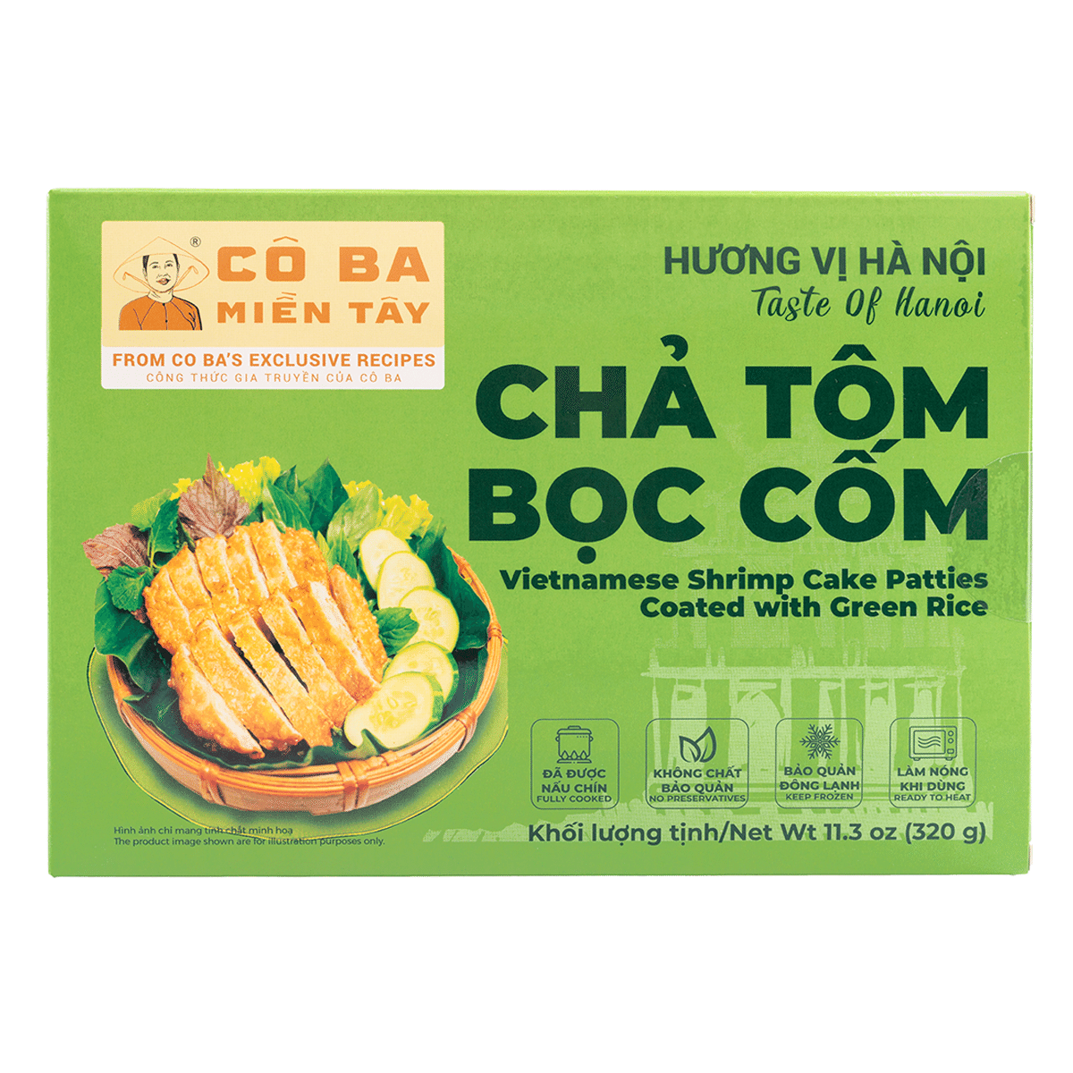 Pasteles de camarón vietnamita Co Ba cubiertos con arroz verde, congelados 11.3 oz