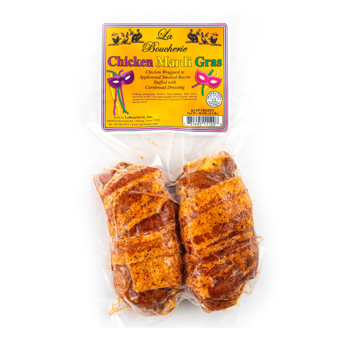 Cajun Style Mardi Gras Chicken Thigh stuffed with Jalapeno Cornbread, Frozen 16 oz