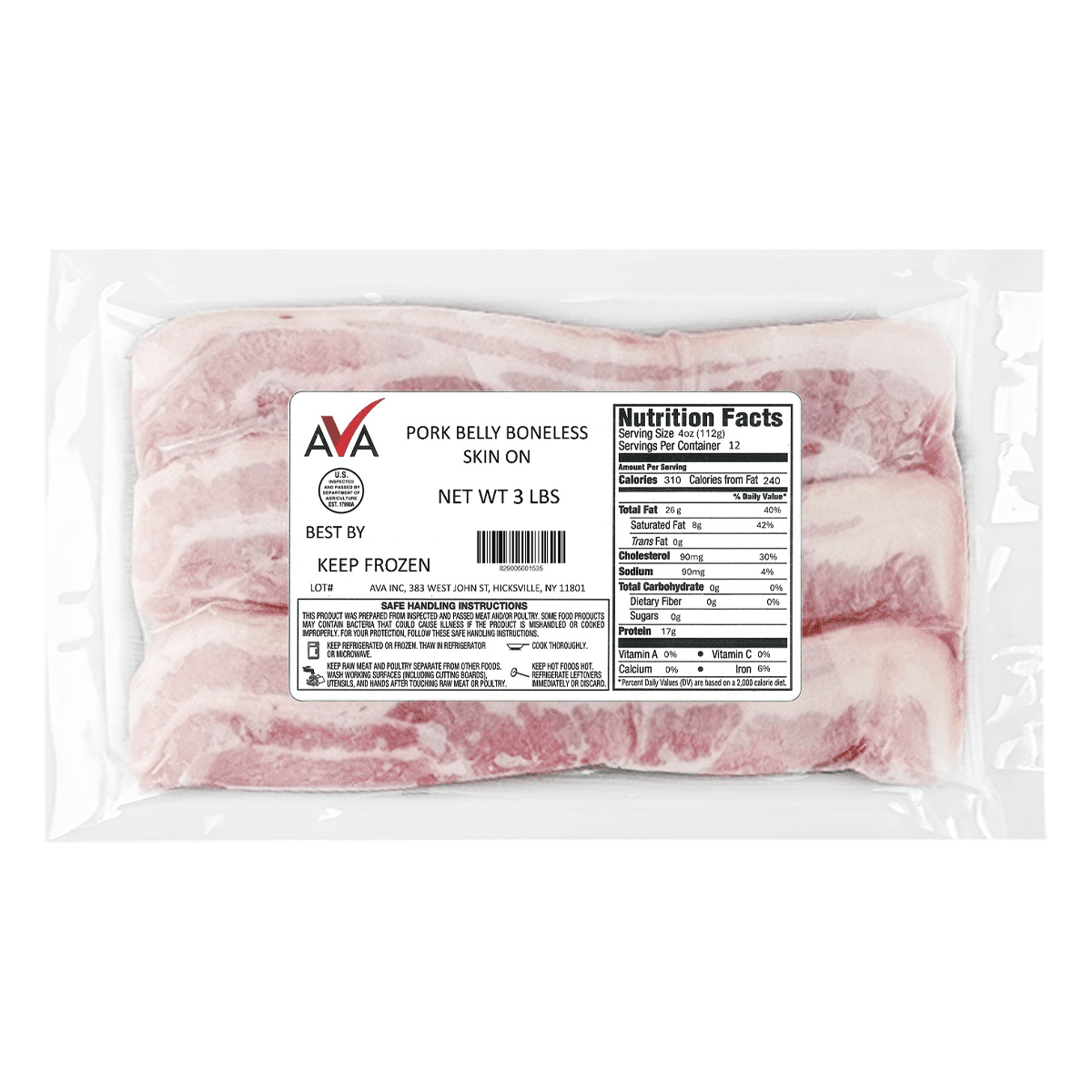 Panceta de porco sem osso com pele, congelada 3-3.3 lb