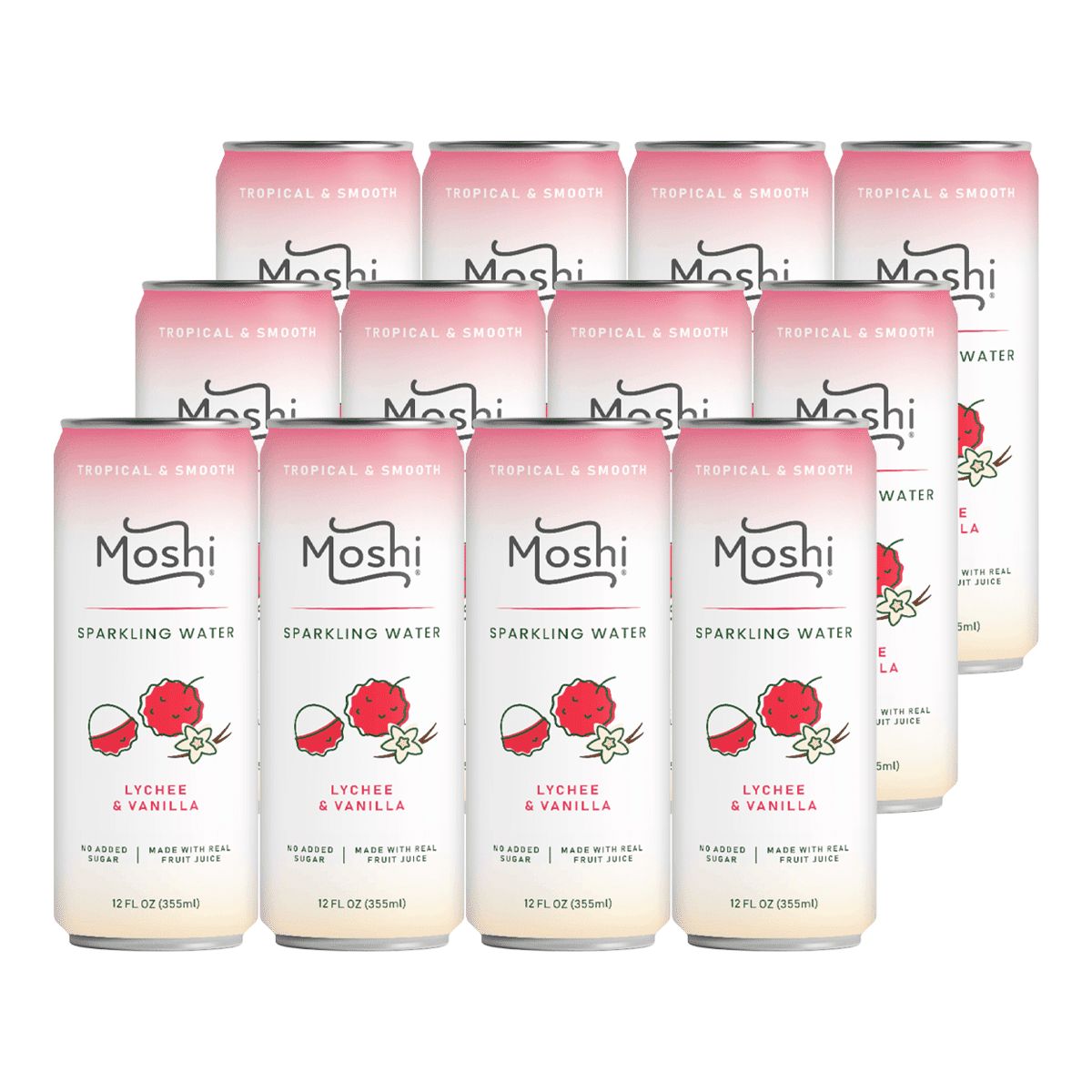 Moshi Sparkling Water Lychee and Vanilla Flavor CASE sell 12Packs 12 fl.oz