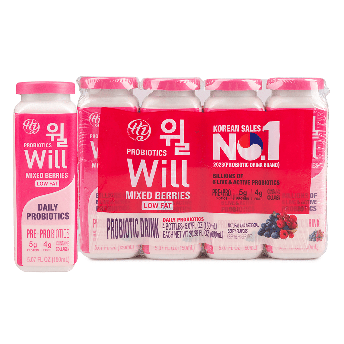 Bebida probiótica HY Probiotics Will de frutos rojos, baja en grasa 5.07 onza(s) líquida(s)*4 unidad