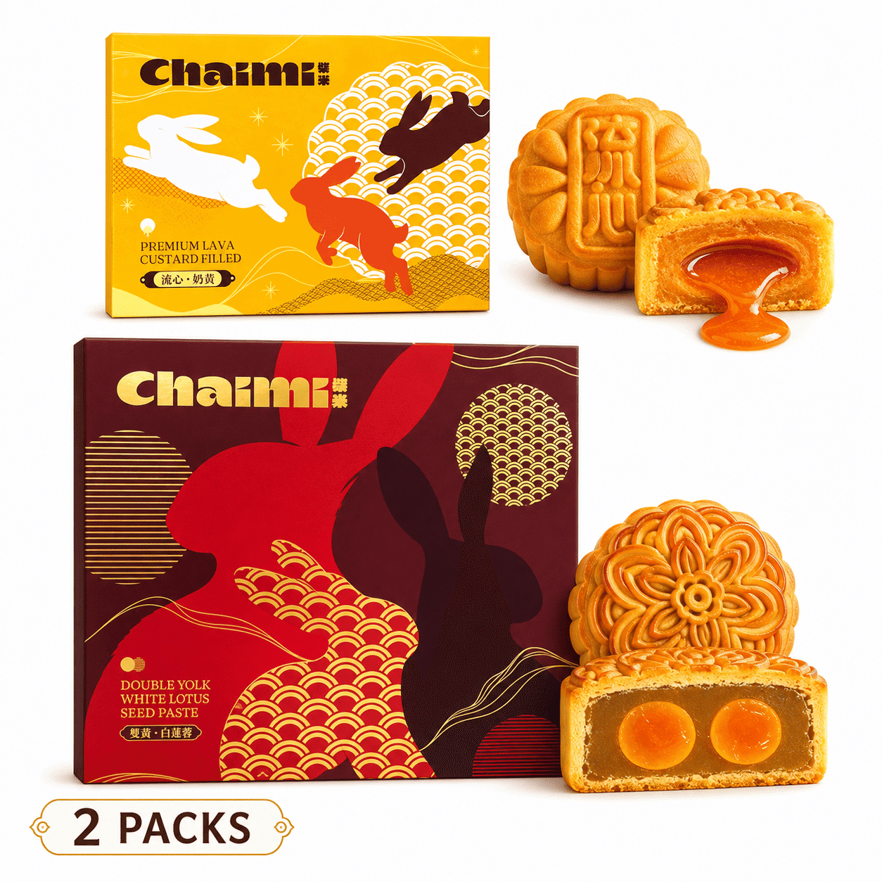 Chaimi Lava Custard & Double Egg Yolk White Lotus Mooncake Bundle 880 g