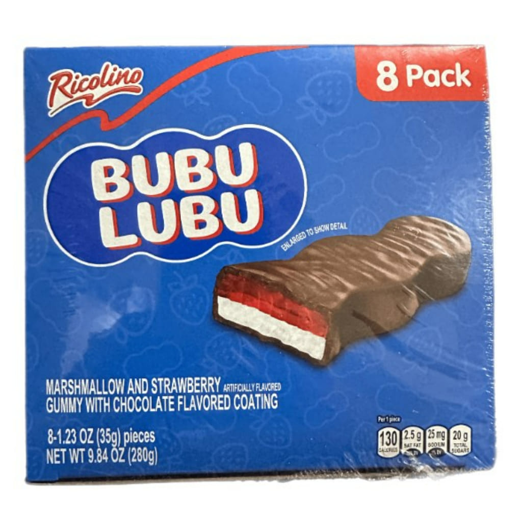 Bala de goma Ricolino Bubu Lubu com marshmallow e morango, cobertura sabor chocolate 1.23 oz*8 unidades