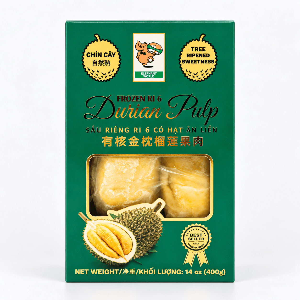 Elephant World Tree Ripened Sweetness Premium Ri6 Durian (Pulp), Frozen 14 oz