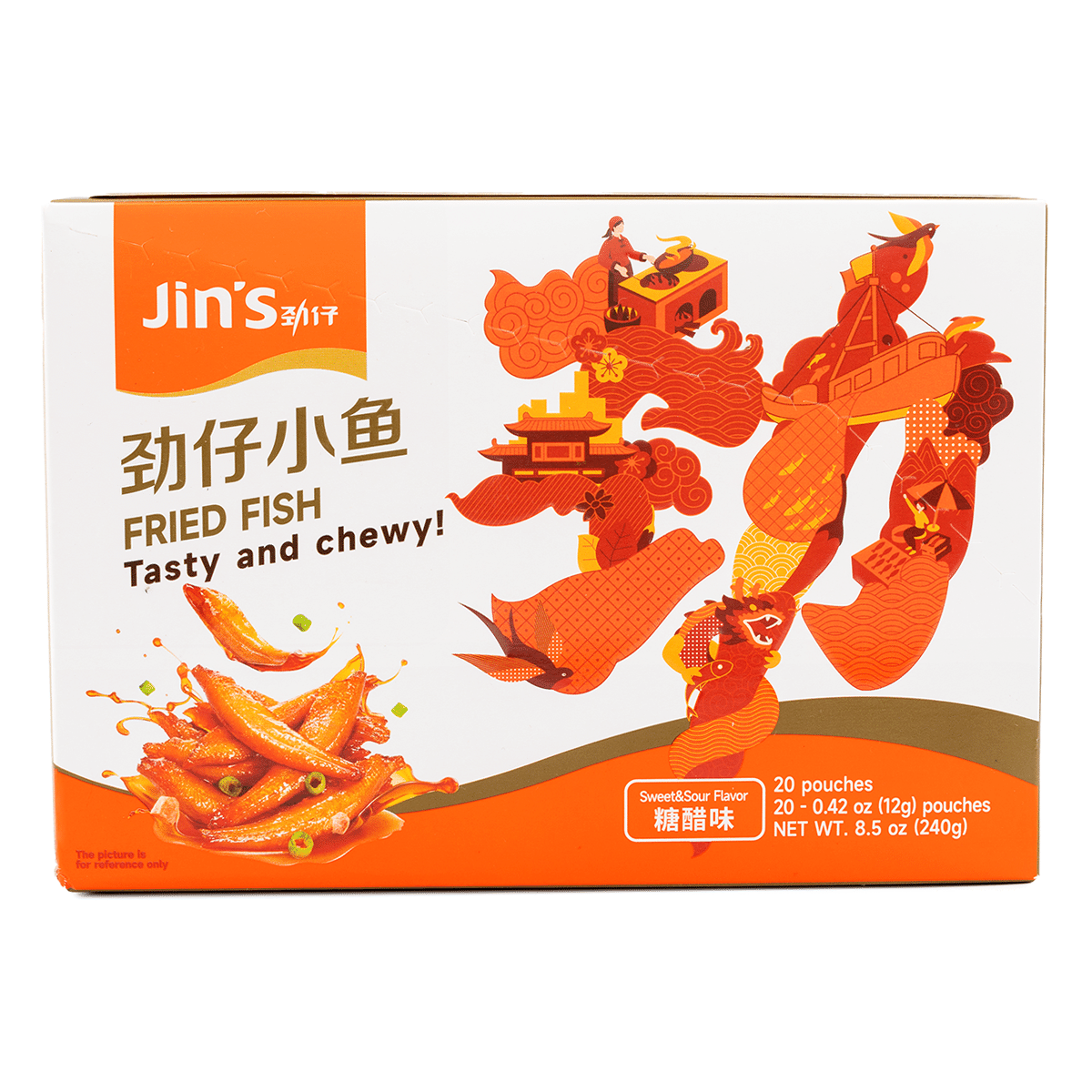 Jinzai 심해 작은 생선 튀김 스낵 새콤달콤한 맛 240 그램