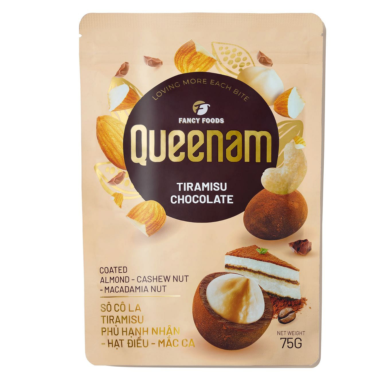 Queenam Tiramisu Chocolate Coated Almond-Cashew Nut-Macadamia Nut 75 g