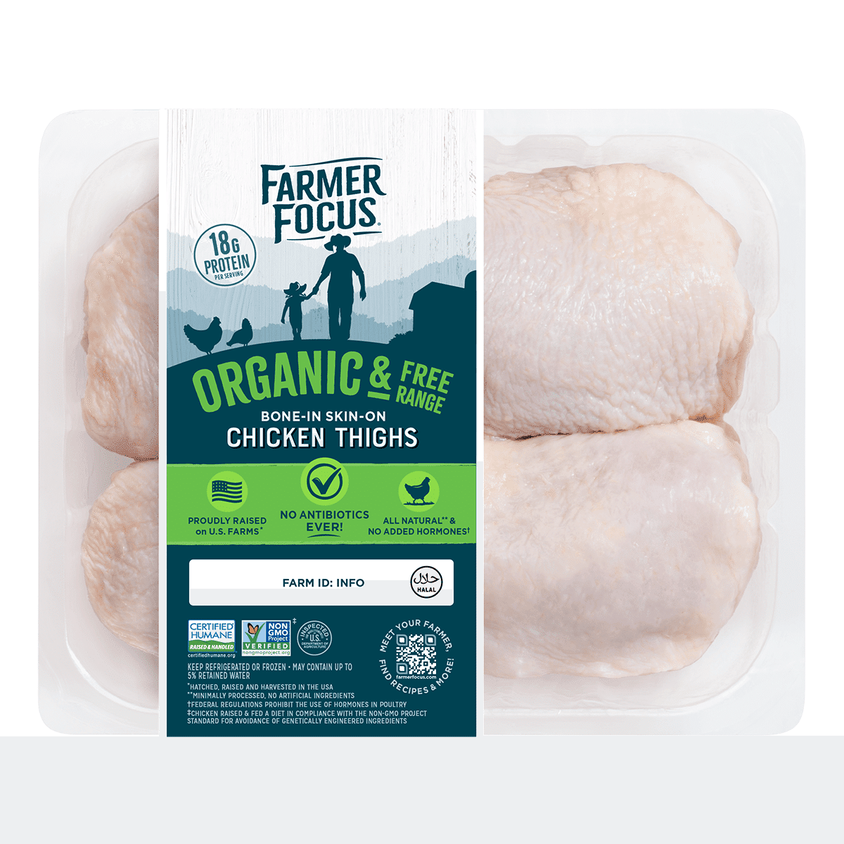 Organic & Free Range Bone In/Skin On Thighs, Halal, Frozen 1.2-1.3 lb
