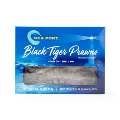Sea Port Black Tiger Head On Shell On Prawns 13/15ct, Frozen 1 lb