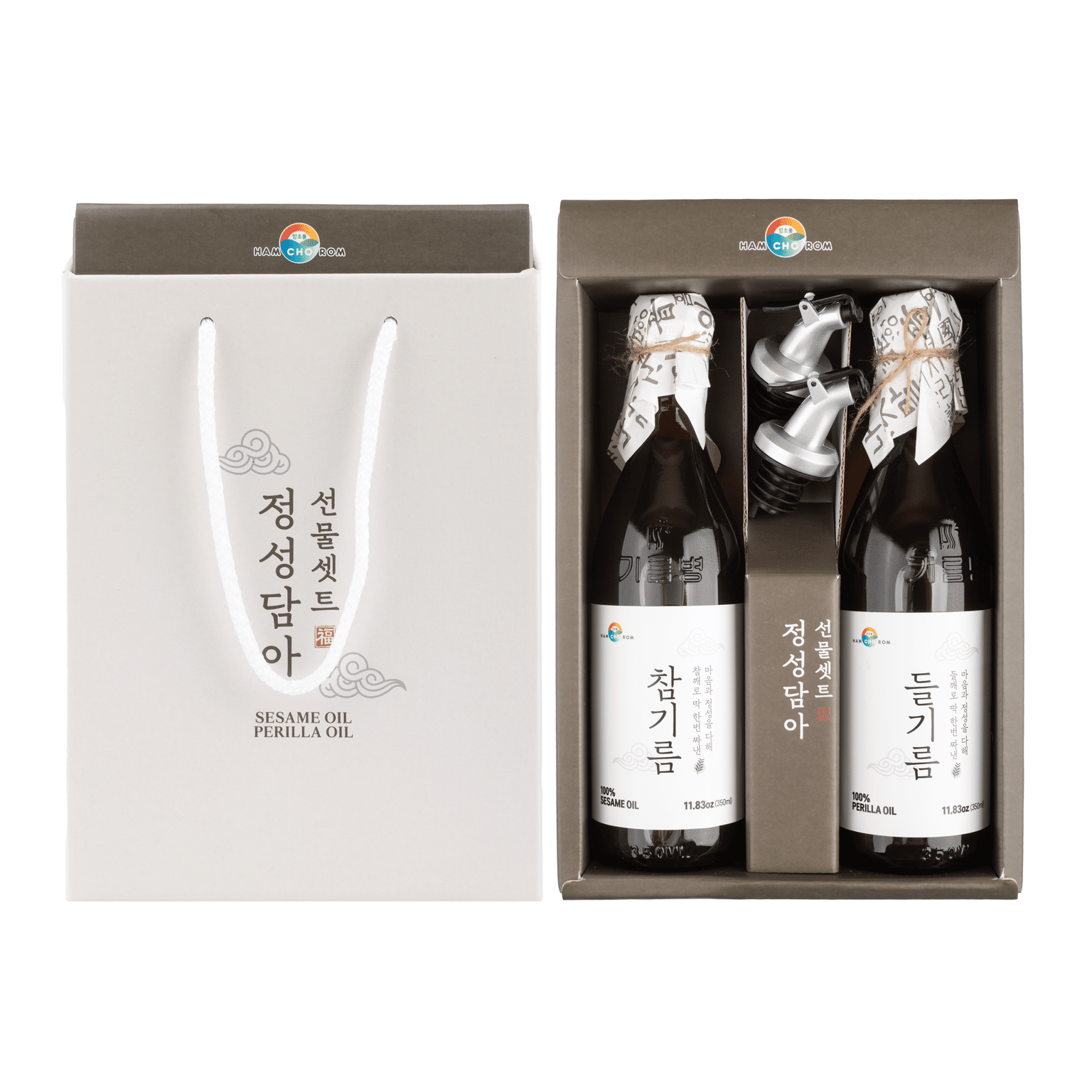 Hamchorom HCR ごま油・えごま油 ギフトセット ディスペンサー付き 韓国プレミアムギフト 350 ml(ミリリットル)*2 本