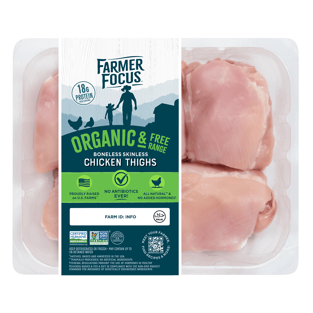 Organic & Free Range Chicken Boneless Skinless Thighs, Halal, Frozen 1-1.5 lb